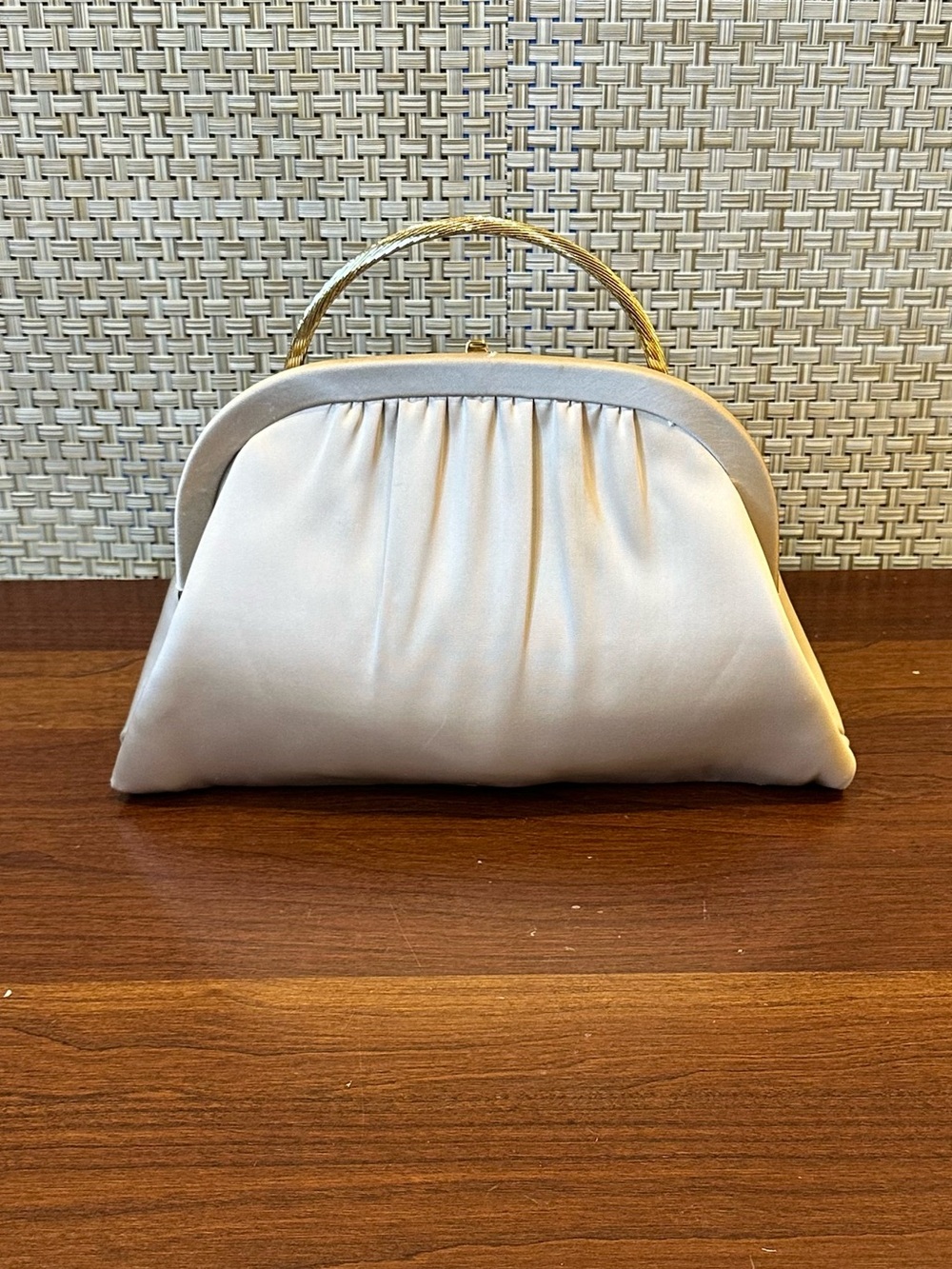 VTG 1950s-60s Beige Satin Top Handle Evening Bag Clutch After Five USA